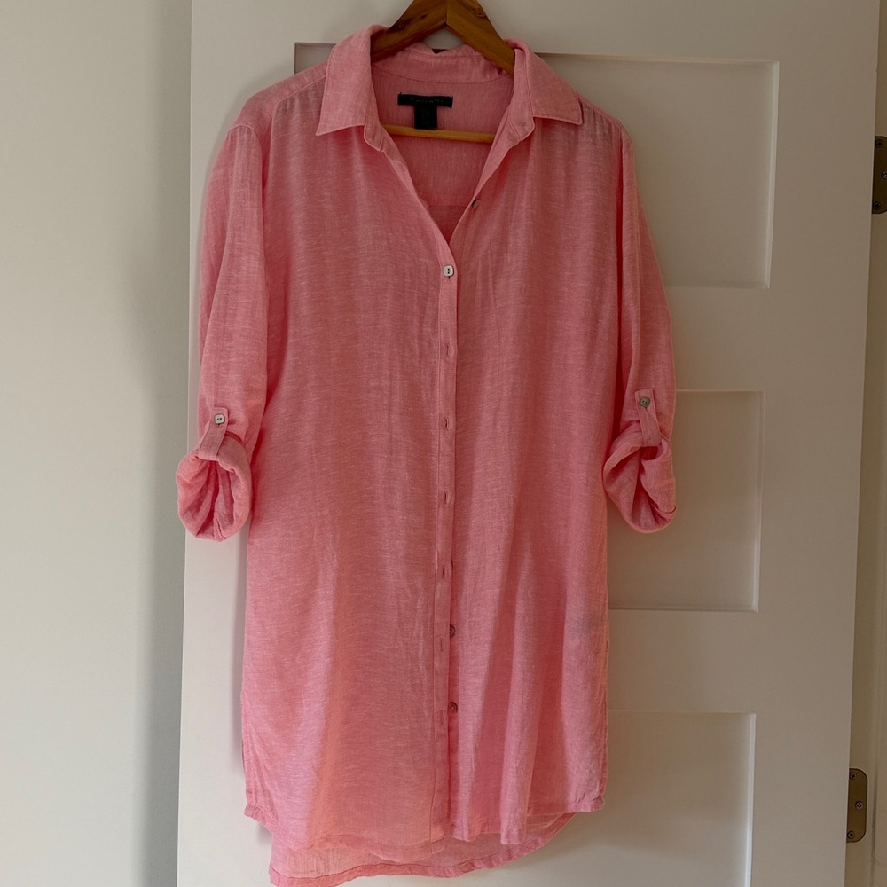 Tahari Pink Collared Linen  Tunic Shirt